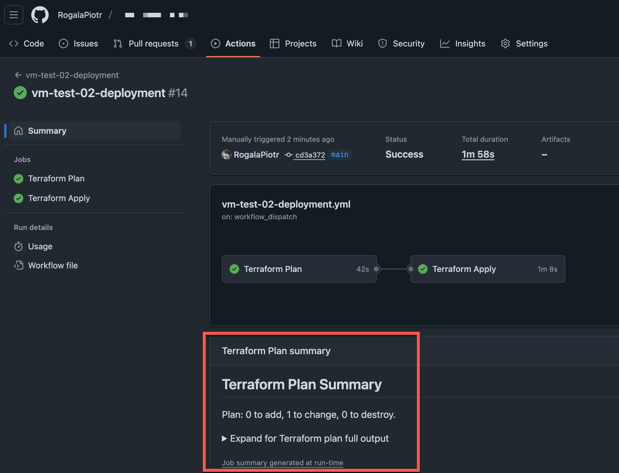 Podsumowanie zmian Terraform w GitHub Actions